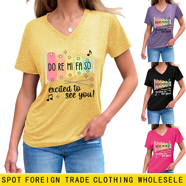 Do Re Mi Fa so Excited Interesting Stylish Women's V Neck Short-Sleeved Amazon European and American T-Shirts Cross-Border