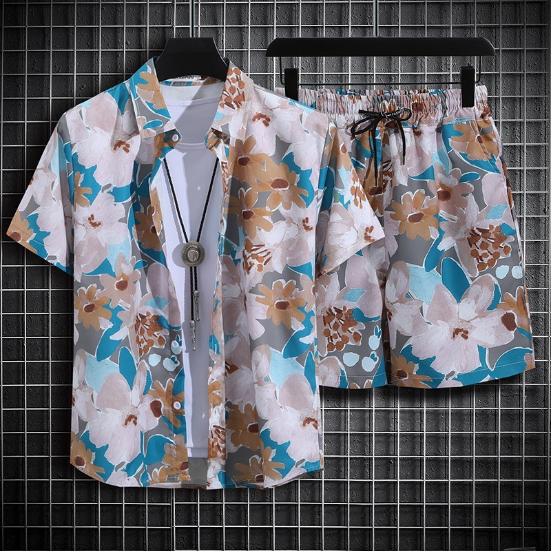 Men's Tropical Print Short Sleeve Shirt And Shorts Set, Quick-Dry Hawaiian Beach Outfit, Matching Couple Vacation Two-Piece Set​_viptrois.com