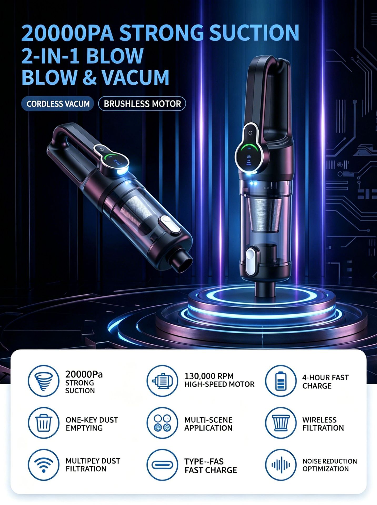Car Vacuum Cleaner Car Wireless Charging Car Home Handheld 120W High Power Suction Wet and Dry Cross Border
