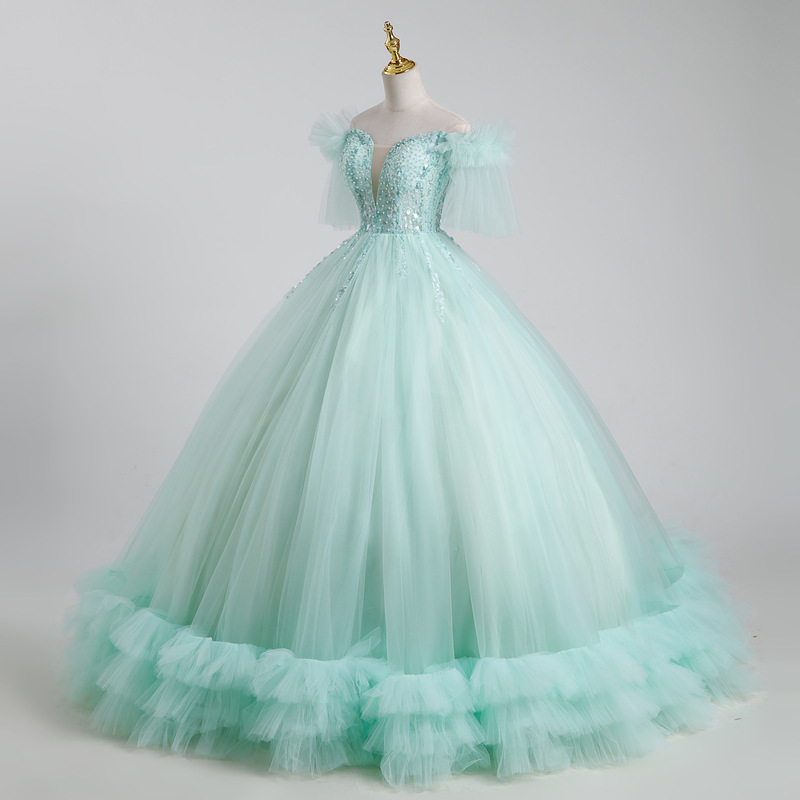 2025 New Summer Light Cyan Wedding Dress for Hostess, Bridesmaid, Art Exam, Slim Fit Banquet Evening Dress