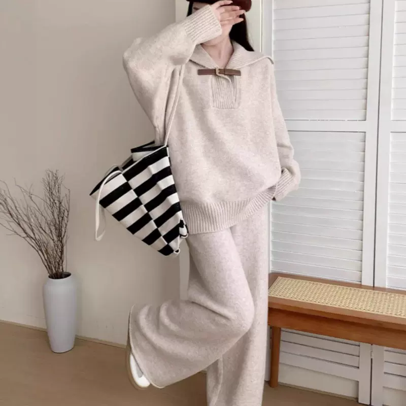 针织套装女秋冬新款松弛感翻领上衣阔腿裤针织裤时尚休闲两件套女