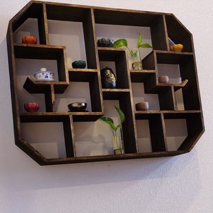 Wall-Mounted Chinese-Style Solid Wood Durable Storage Rack, Retro Simple Multi-Layer Tea Set Storage Rack