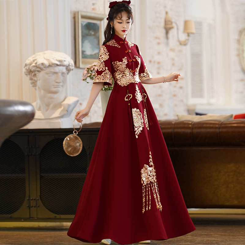 Vestido de novia para brindis 2026, nuevo vestido de verano para compromiso y fiesta de graduación, vestido rojo vino estilo chino para brindis de boda para mujer.