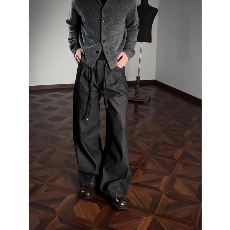 Kendo Double-Pleated Raw Denim A-Line Loose Fit Solid Color Jeans for Men and Women, Elegant and Distinctive Workwear Casual Trousers