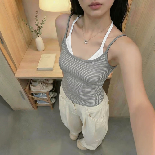 Spice girl fake two-piece striped halter vest with chest pad dopamine top sexy casual beautiful back underwear for women inside