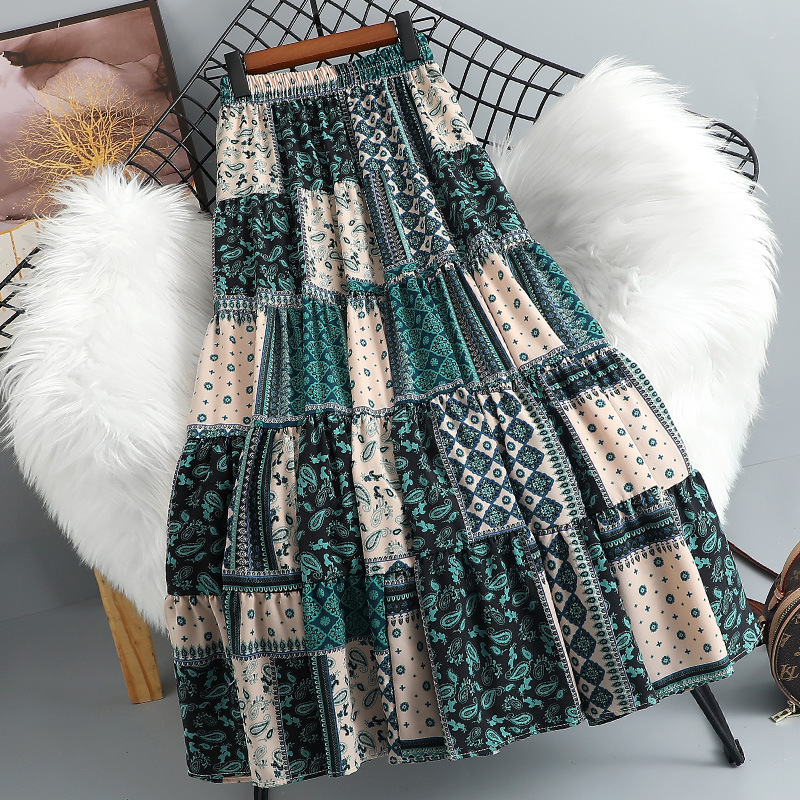 Ethnic Style Contrasting Print Mid-Length Skirt 2025 Spring New Elastic Waist Bohemian A-Line Splicing Skirt Ethnic Style Contrasting Print Mid-Length Skirt 2025 Spring New Elastic Waist Bohemian A-Line Splicing Skirt