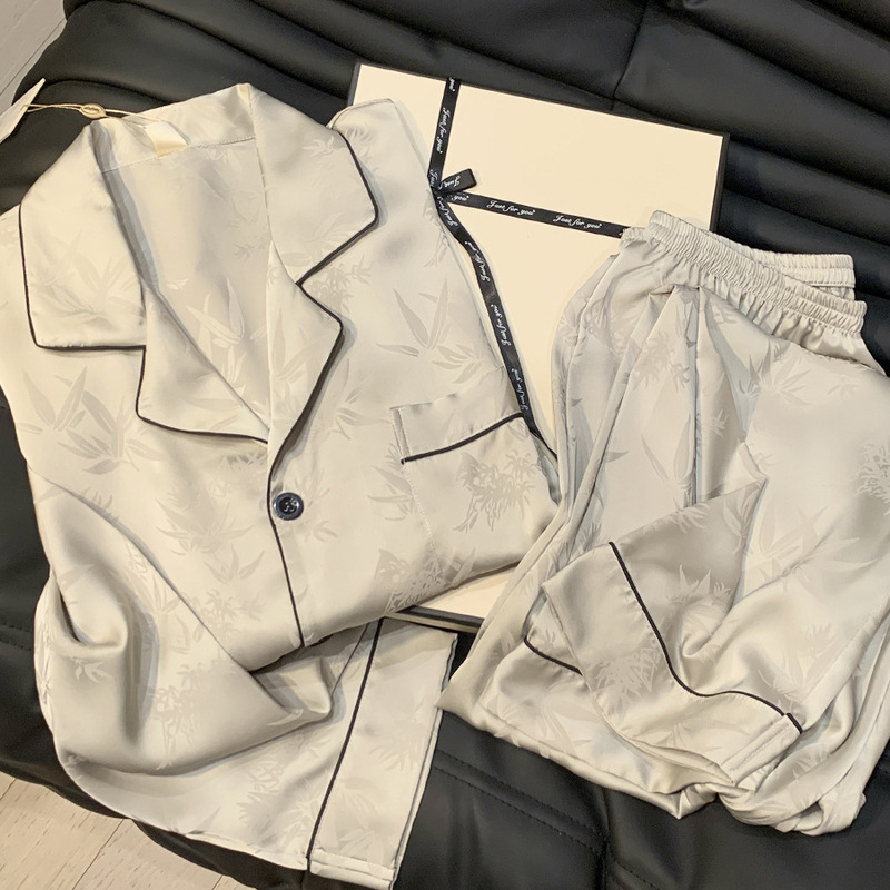 Couple's Spring and Autumn Ice Silk Women's New Chinese Style Bamboo Leaf Jacquard Long-Sleeve Long-Pants Loungewear Set Suitable for Wearing Outside