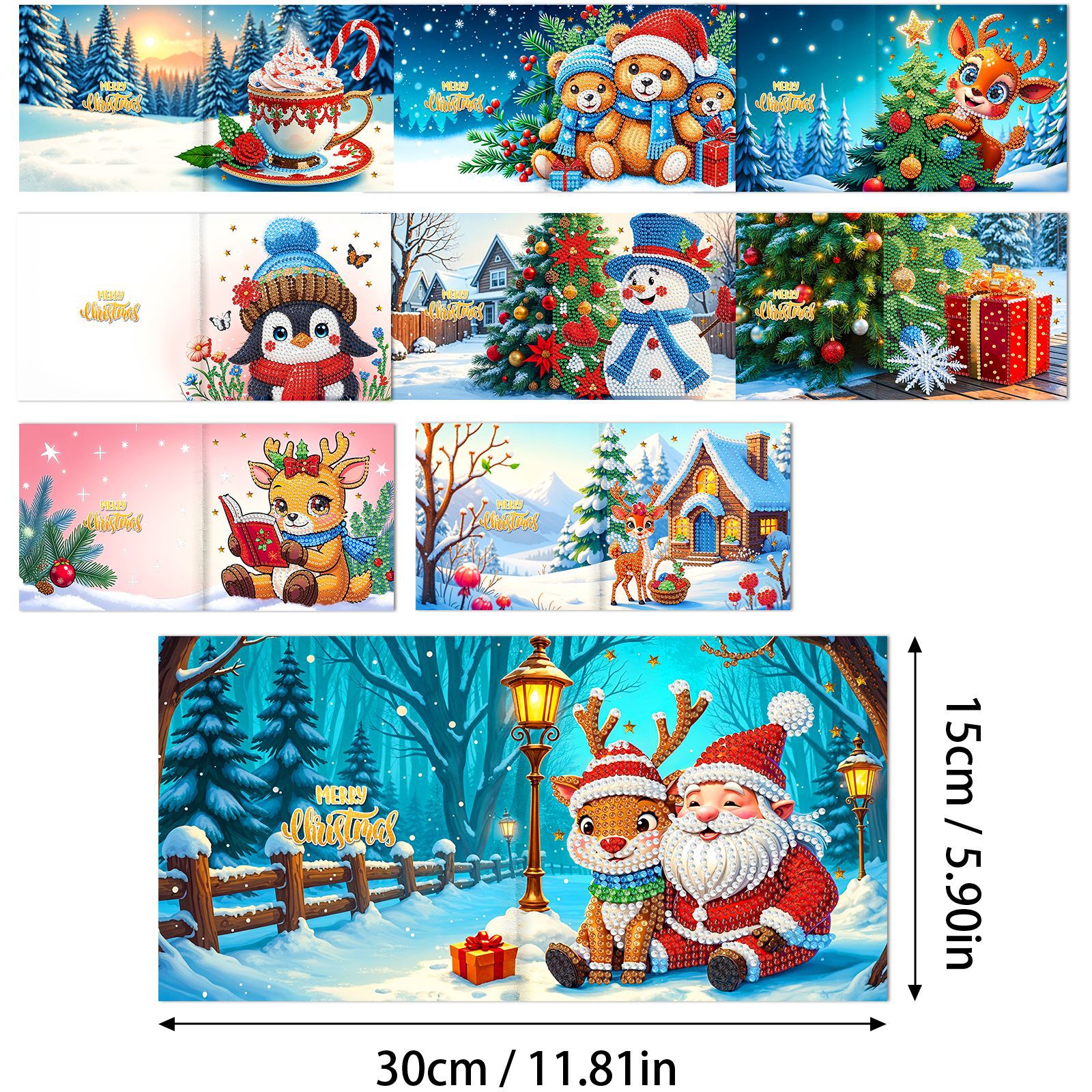 Explosiones transfronterizas de Navidad multiserie de tarjetas de felicitación puntuales hechas a mano 9 conjuntos de sobre de diamante 6 conjuntos de dibujos animados
