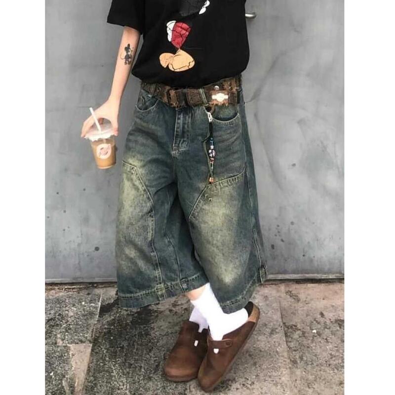 Plus-Size American Retro Loose Washed Straight-Leg Denim Shorts for Men and Women, Street-Style Distressed Casual Wide-Leg Cropped Pants Trendy Plus-Size American Retro Loose Washed Straight-Leg Denim Shorts for Men and Women, Street-Style Distressed Casual Wide-Leg Cropped Pants Trendy