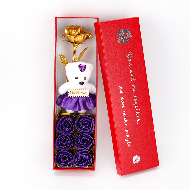 6朵+熊+金箔花红盒 紫1