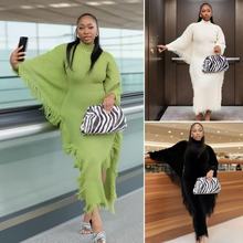 2025秋冬款针织流苏连衣裙 高领蝙蝠袖开叉包臀裙 欧美风女装批发