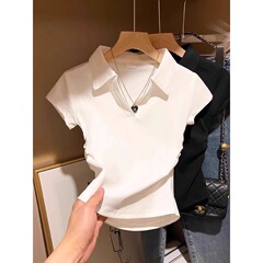 ホワイトポロカラーフロントショルダー半袖Tシャツレディース夏新作ショートウエストスリムフィットカジュアル万能A3954