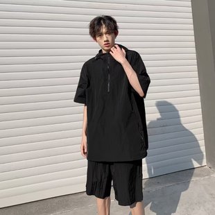 Summer Men's Japanese Style suit Workwear Short Sleeve Shorts Casual Loose Jacket Shirt Thin Hooded