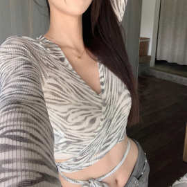防晒交叉防紫外线薄斑马纹T恤女上衣工厂直销遮阳修身显瘦