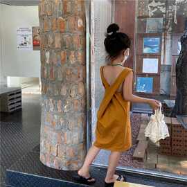 夏季女童韩版炸街不规则背心裙女宝设计感后背交叉吊带裙连衣裙潮