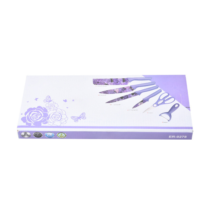 Cuchillo de paja de impresión de acero inoxidable conjunto de seis piezas de fábrica en stock cuchillo de cocina al por mayor tijeras color cuchillo en caja traje