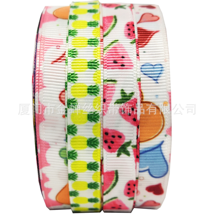 厂家批发 1cm印刷手打工艺品罗纹带织带缎带水果西瓜草莓菠萝丝带