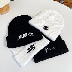 ニット帽メンズ秋冬韓国風文字刺繍ウール帽子ヒップホップトレンディカップル多用途耳保護プルオーバー防寒帽子