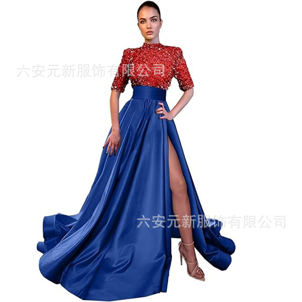 Europeo y americano Amazon AliExpress vestido de fiesta media manga lentejuelas satén vestido de noche A-line vestido de fiesta de hendidura image 32