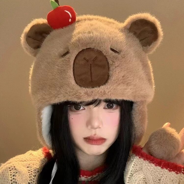 日系可爱卡皮巴拉毛绒雷锋帽子女秋冬季加厚保暖护耳帽水豚套头帽|undefined