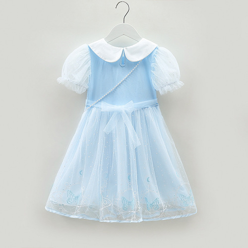 Girls Elsa Princess Dress 2024 Summer Dress Children's Frozen Style Mesh Dress Baby Short Sleeve Dress