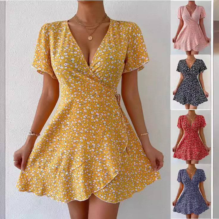 Amazon Independent Site Cross-Border E-Commerce European and American Floral Lace-Up Waist-Cinching Short-Sleeve V-Neck Women's Dress with Floral Patterns