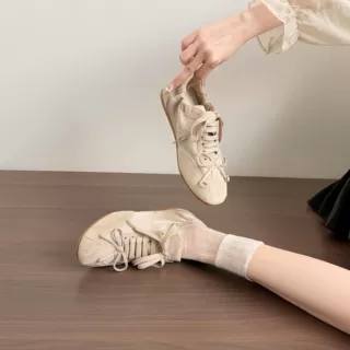 羊皮版真皮蝴蝶结芭蕾德训鞋女2026新款系带内增高休闲阿甘运动鞋