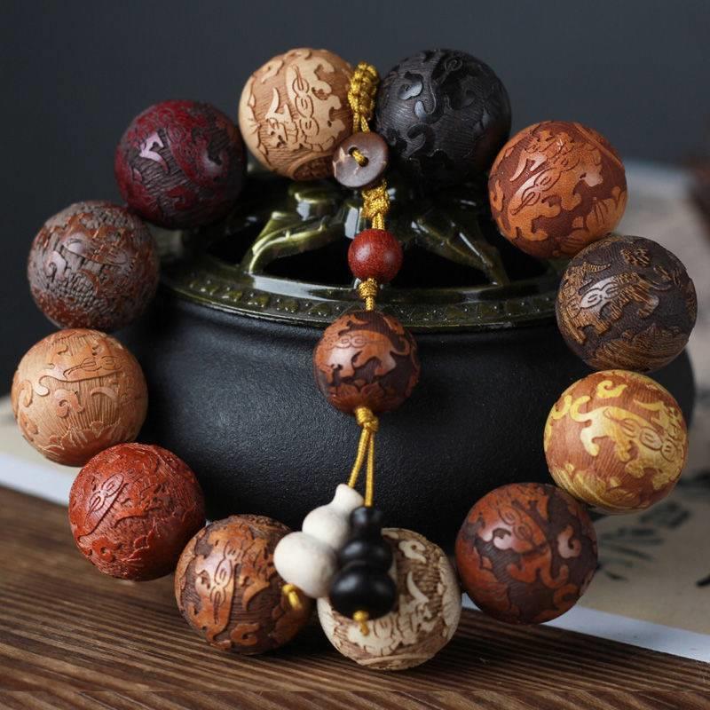 Multi-Bead Buddhist Prayer Beads Bracelet, Finely Carved, Precious Cultural Artifact Bracelet, Large Leaf Prayer Beads Bracelet Multi-Bead Buddhist Prayer Beads Bracelet, Finely Carved, Precious Cultural Artifact Bracelet, Large Leaf Prayer Beads Bracelet
