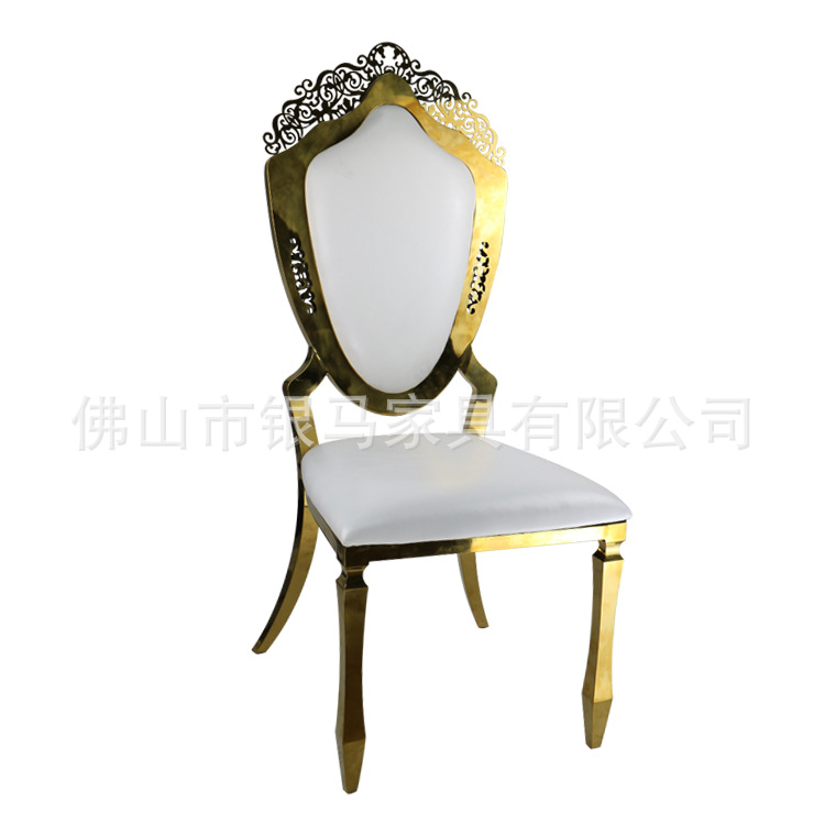 Fábrica al por mayor Hotel banquete boda comedor silla boda galvanoplastia Silla de acero inoxidable Bolsa De Oro suave Silla de comedor de cuero