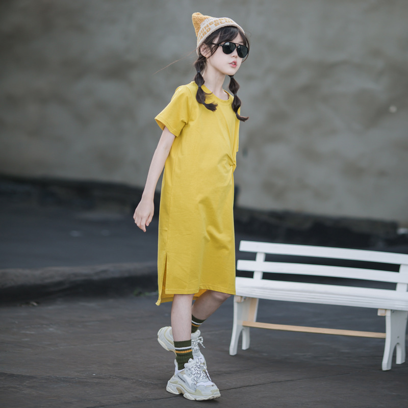 2024 vestido de verano para niñas, camiseta para niños de longitud media, falda larga, falda casual japonesa de algodón puro para niñas