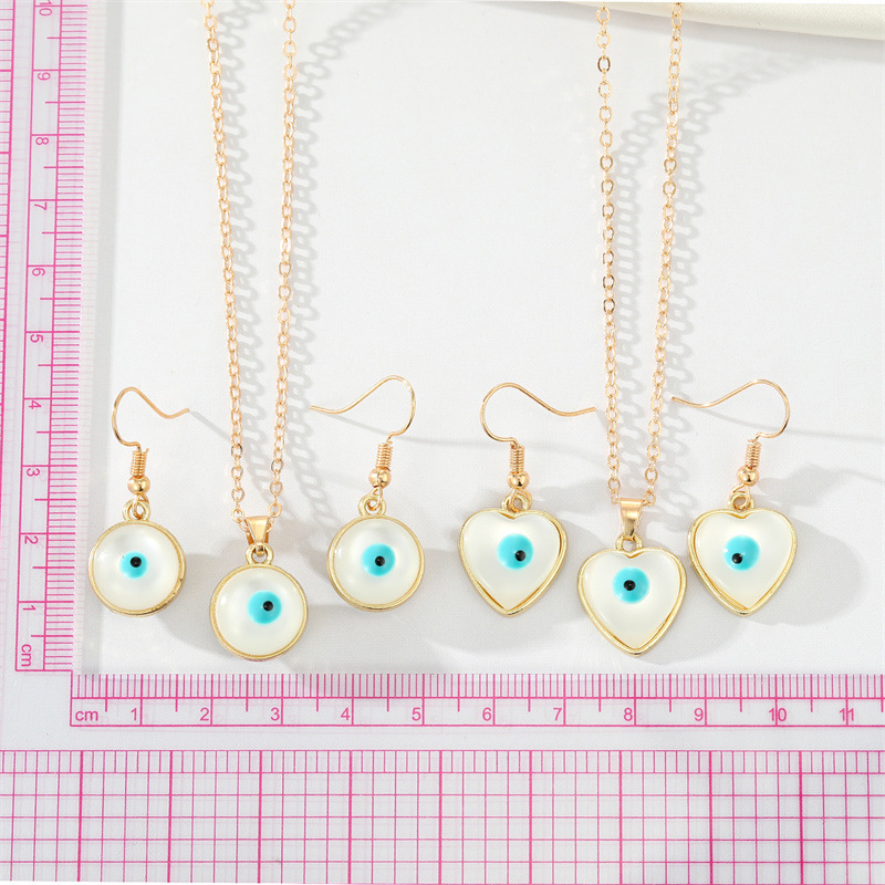 Simple Personality Round Heart Opal Blue Eyes Earrings Necklace Setpicture4