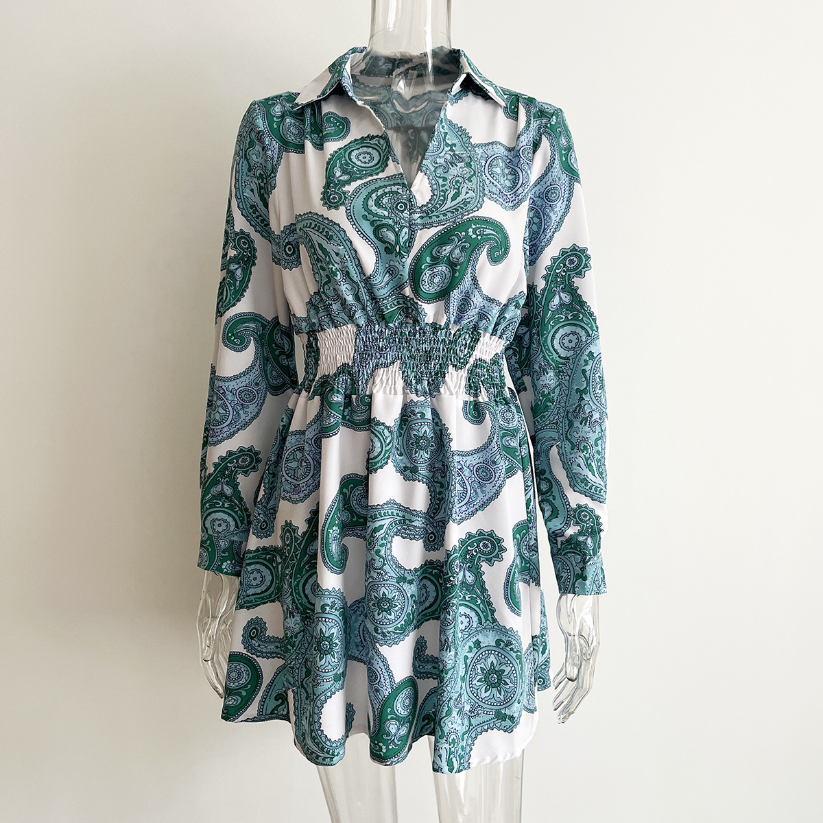 Paisley Pattern Blouse Collar Dress Women Smocking Waist Long Sleeve Spring Autumn Women Clothing 13 Paisley Pattern Blouse Collar Dress Women Smocking Waist Long Sleeve Spring Autumn Women Clothing
