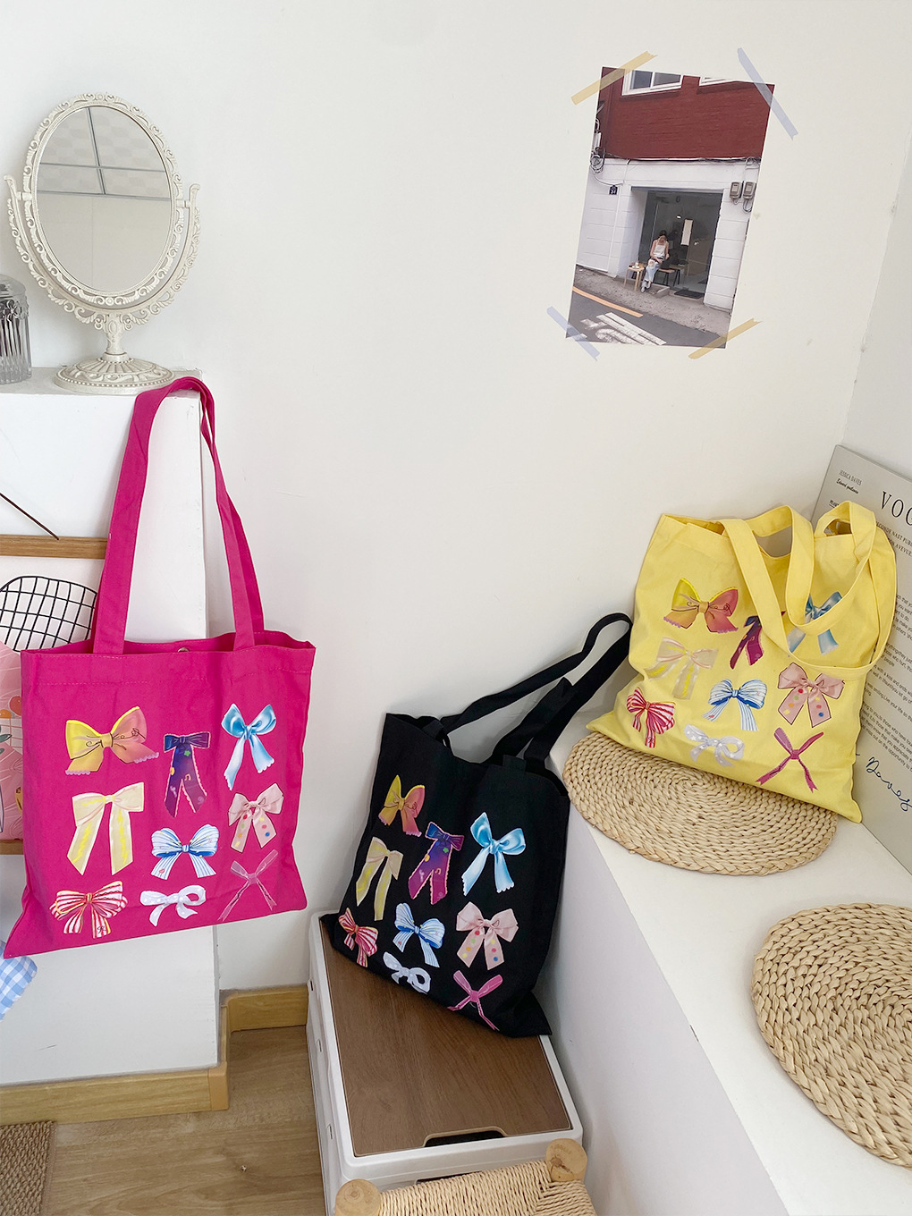 Bolso de hombro con ojos brillantes de dopamina Bolso de lona con ilustración de lazo Bolso de viaje para estudiantes de gran capacidad Color coreano todo fósforo