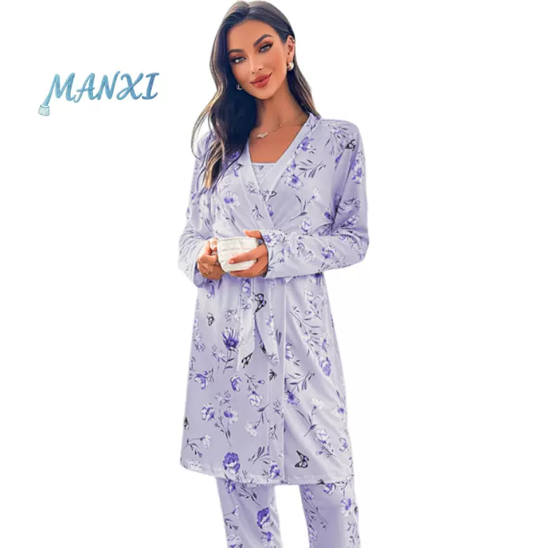 跨境外贸新款吊带内衣长裤睡袍睡衣女三件套装秋冬家居服现货批发