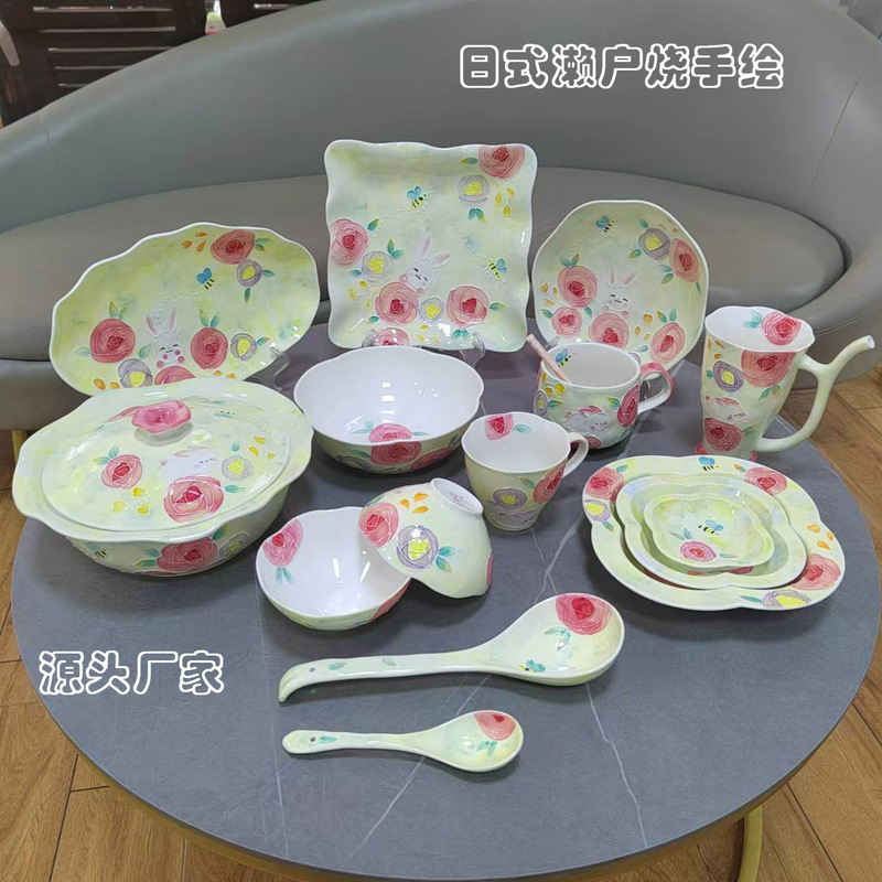 Rose Rabbit Japanese Tableware Internet Celebrity Painted Ceramic Seto Burn Rice Bowl Gift Box suit Dishes and Spoons High Temperature Porcelain Rose Rabbit Japanese Tableware Internet Celebrity Painted Ceramic Seto Burn Rice Bowl Gift Box suit Dishes and Spoons High Temperature Porcelain