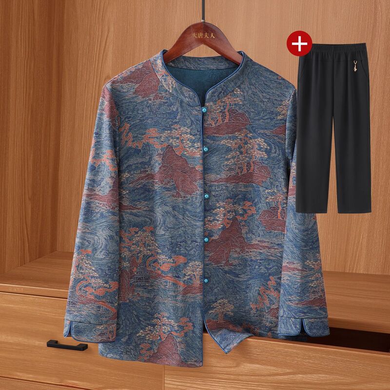 中老年人秋季套装女奶奶衣服长袖中式印花衬衫妈妈薄外套2025新款|undefined