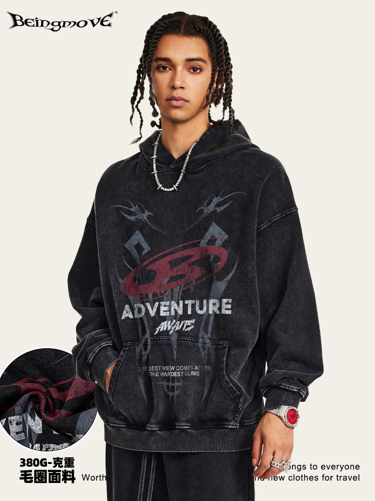 Impresora de marcas| 2025 otoño americano vintage vibe hacer vieja chaqueta encapuchada de moda hombre blusa suelta