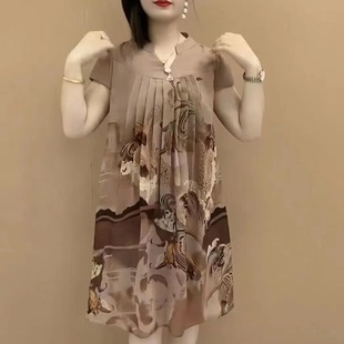 Middle-Aged Mom Fashion Elegant Slimming Oversized Shirt Dress Women's Summer Thin Loose V-Neck Body-Covering Age-Reducing Dress