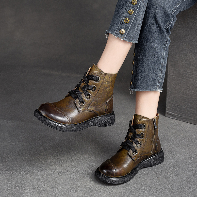 Shanghai Jie shu autumn and winter New retro style round toe women's boots casual brushed Martin boots top layer cowhide fashion women's shoes