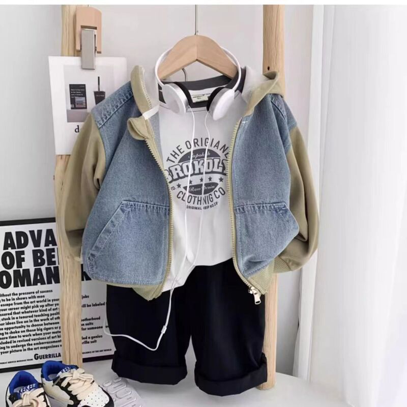 2024 New Boys' Spring and Autumn Denim Coat Korean Children's Hooded Zipper Shirt Casual Top Children's Duffy Handsome Trendy