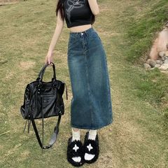 ハイウエストのオープンデニムスカートa字の中長のスカートの女性の夏のネットの赤い薄いタイプの小さい背はやせていてヒップのスカートを包みます。