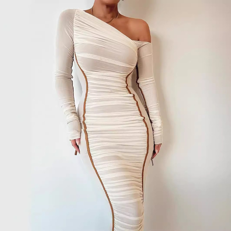 European and American style 2025 spring new women's long sleeve mesh stitching diagonal shoulder long dress fashion pleated dress women