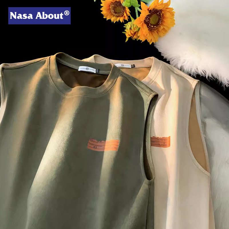 NASA American Style Sleeveless T-Shirt Men's Fitness vintage Army Green T-Shirt Suede High-grade Loose Waistcoat