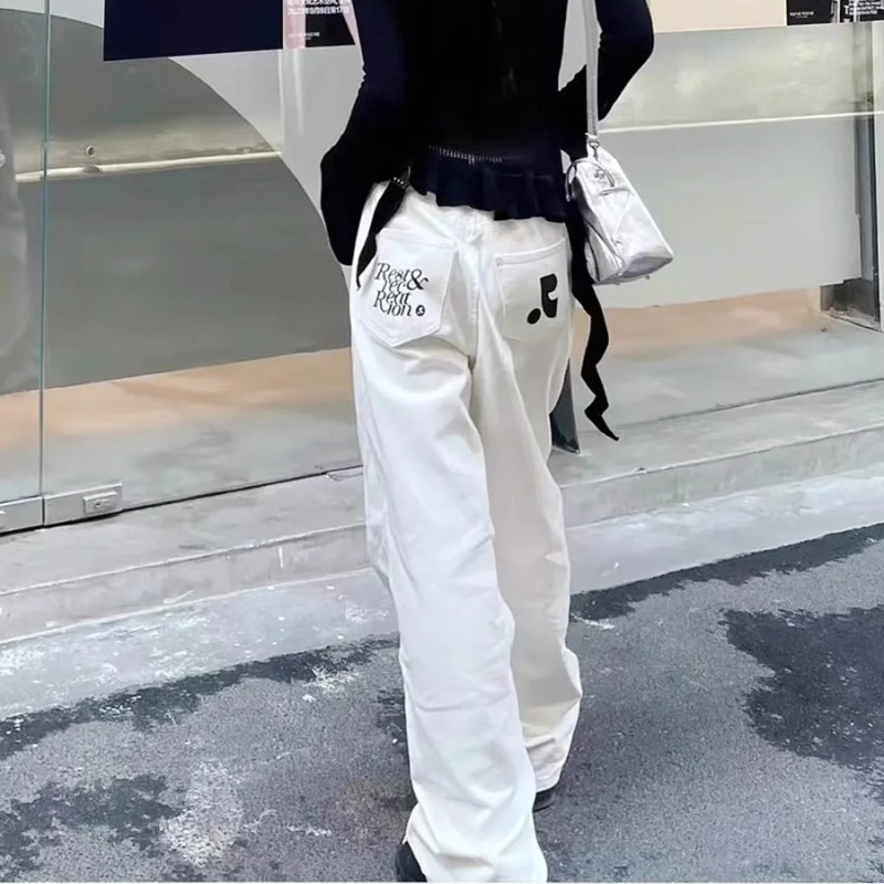 韩国小众潮牌2025秋冬新款RR撞色印花宽松休闲直筒牛仔裤长裤女|undefined