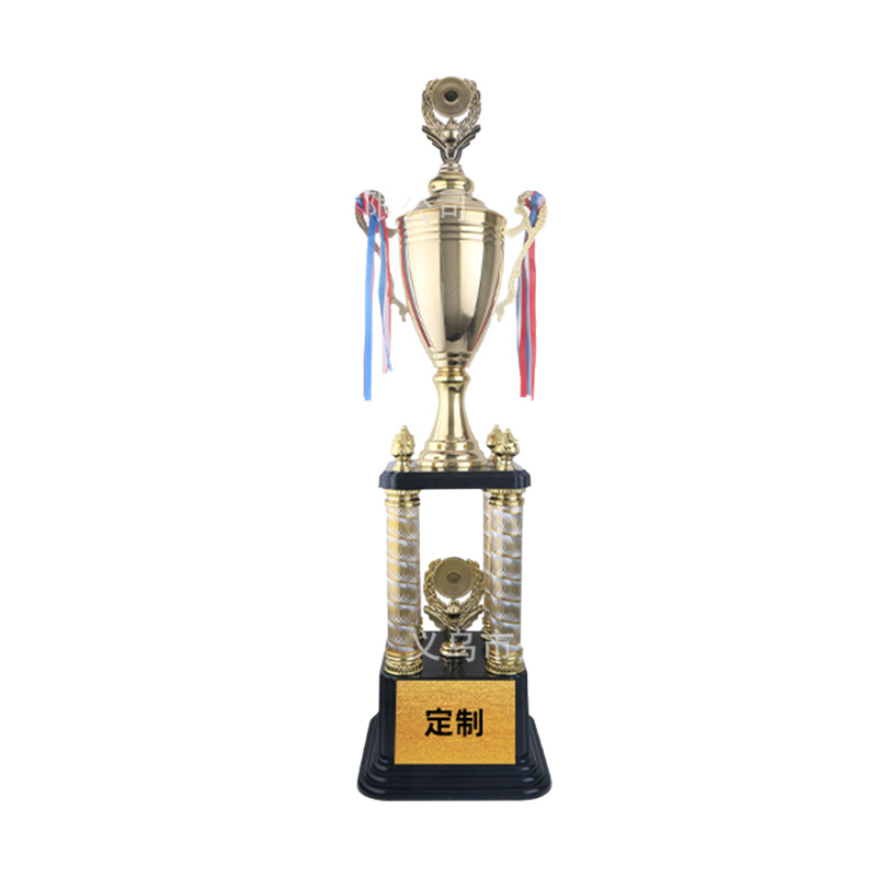 Trofeo Grande de Cuatro Columnas Metal Personalizable con Logo para Competencias de Fútbol y Baloncesto