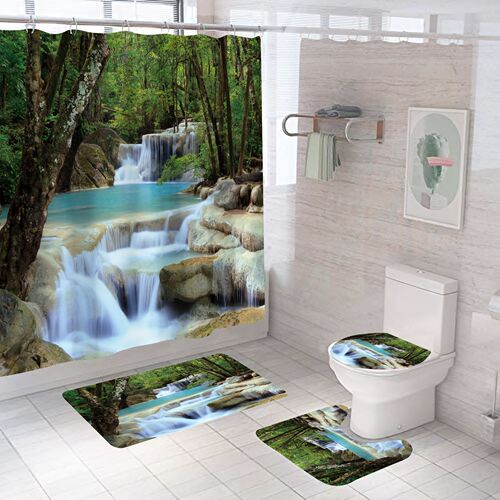 Bathroom Curtain Polyester Waterproof Shower Curtain Set 3D Printed Mountain Water Shower Curtain Bathroom Partition Bathroom Four-piece Set