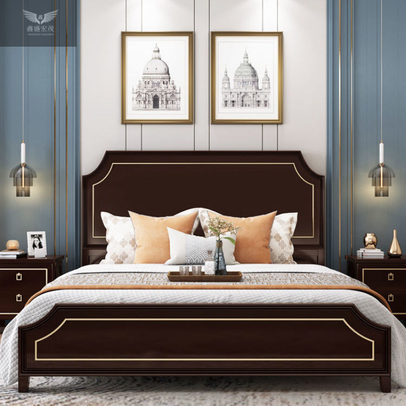 Cama de estilo americano de lujo ligero de madera maciza, cama de cama blanca, cama de matrimonio, 1.8m, cama doble moderna y simple, 1.5m