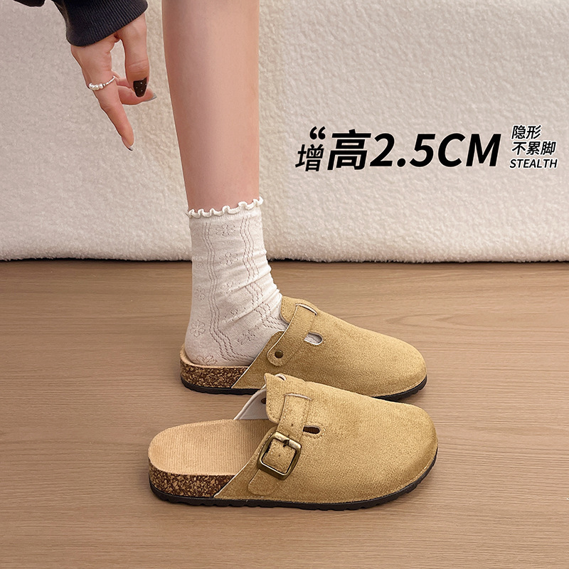 2026 Autumn Women's Birkenstock-Style Half-Slipper with 2.5cm Hidden Height Increase, Soft Cork Sole, Closed-Toe, Suitable for Outdoor Wear