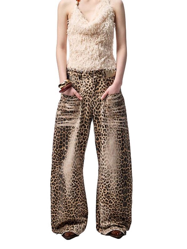 American Retro Large Size Design Washed Leopard Print Jeans for Hot Girls Fashionable Embroidered Scimitar Pants