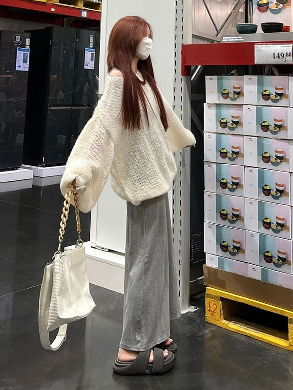 慵懒风长袖镂空针织衫套装女秋季叠穿灰色简约修身显瘦吊带连衣裙|undefined